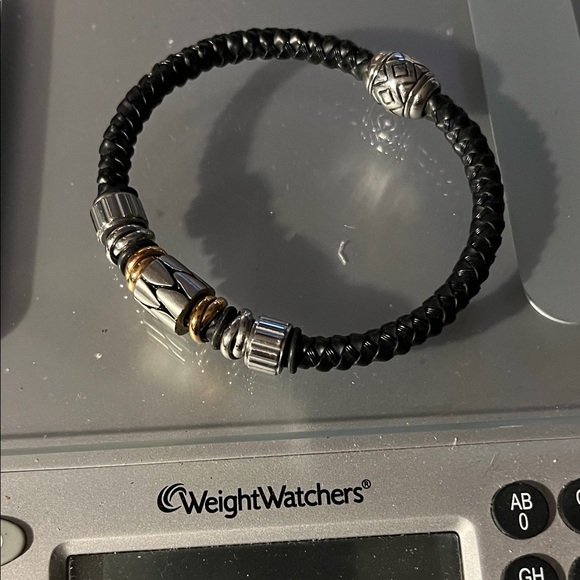 Other - Men's Black Braided Leather Bracelet with Silver & Gold Accents magnetic closure